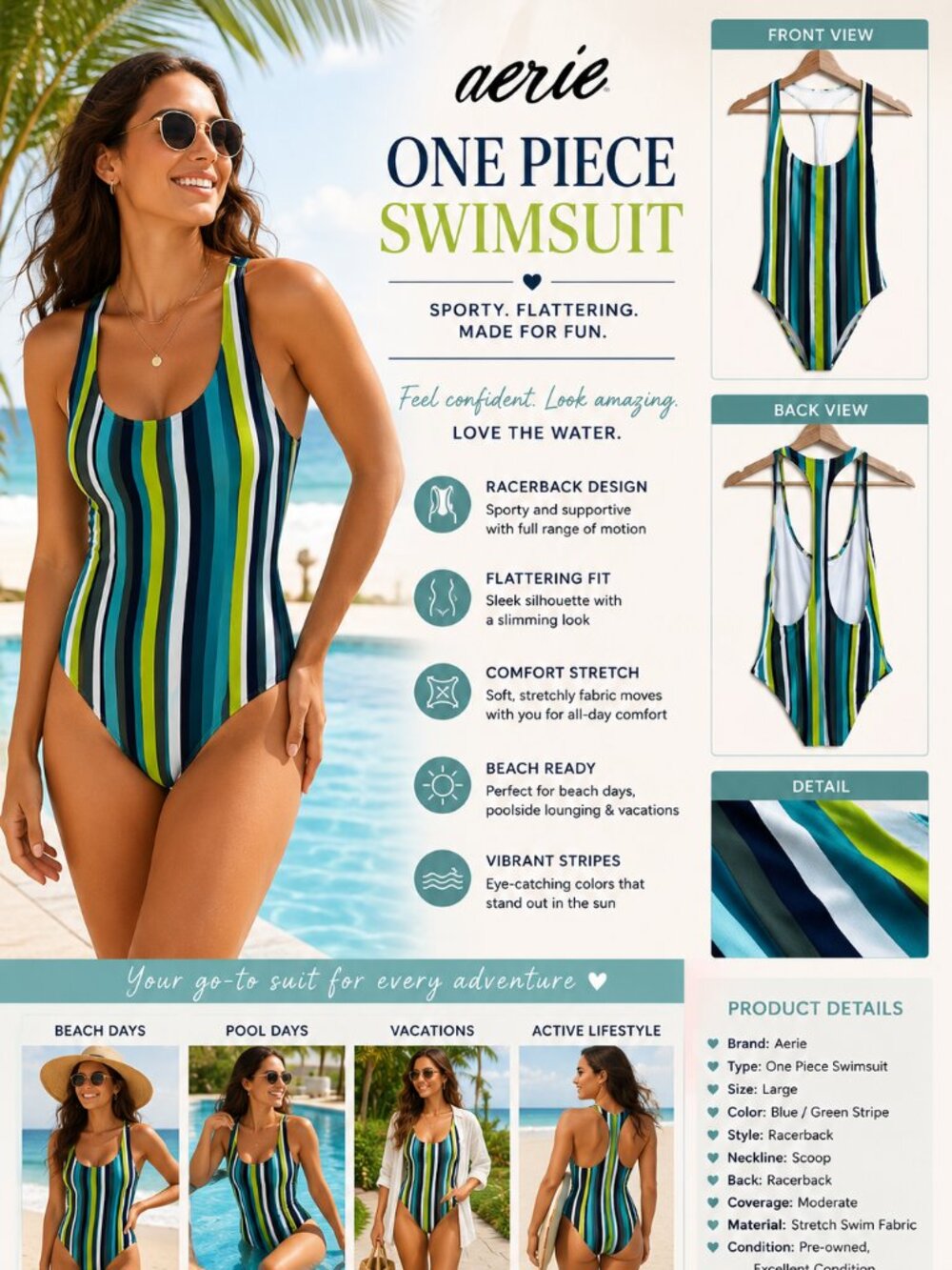 Aerie One Piece Swimsuit Womens L Blue Green Stripe Racerback Slimming Beach